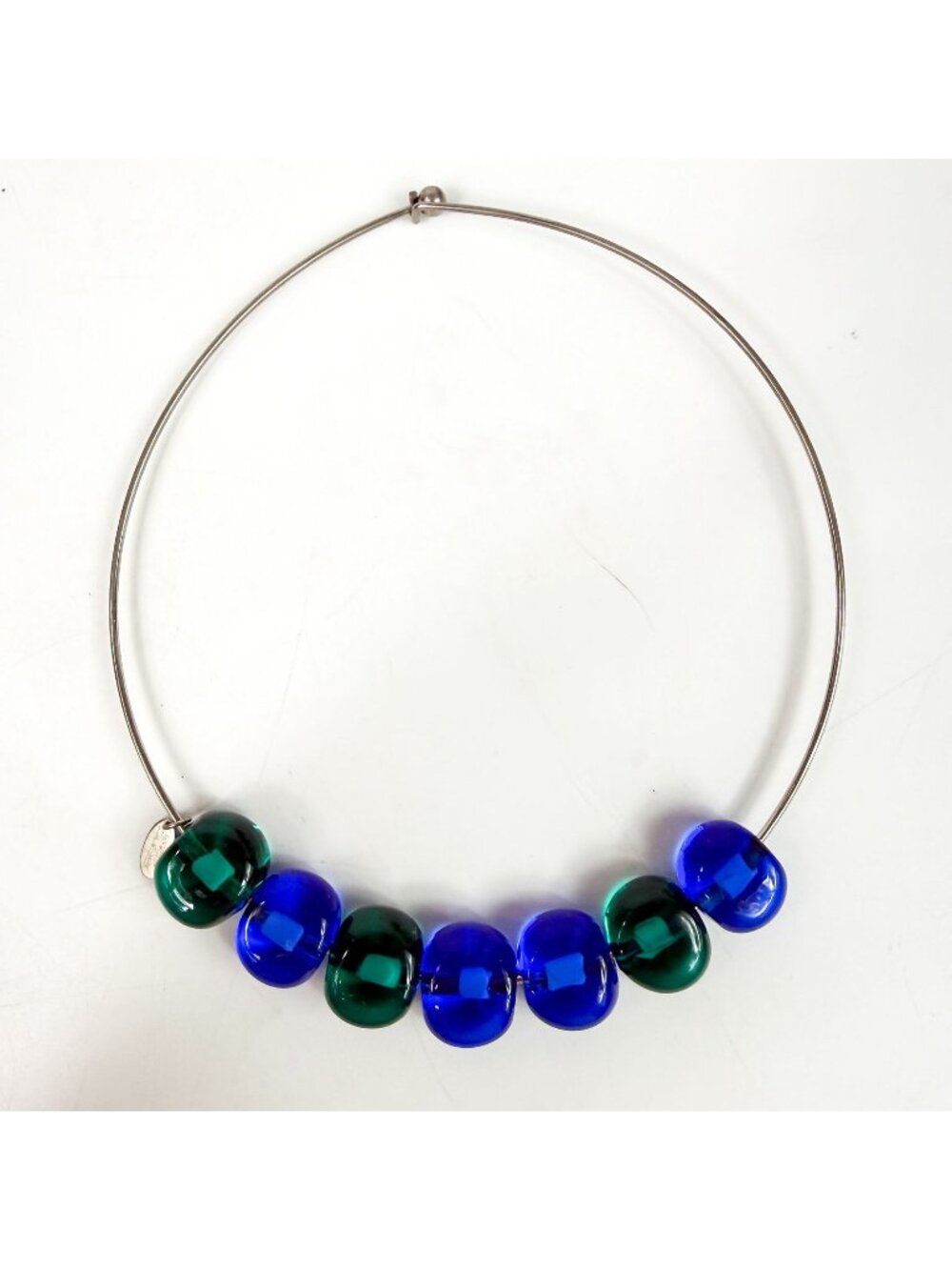 Sent Murano Art Glass Beads Blue Green Torque Silver Tone Necklace Chunky